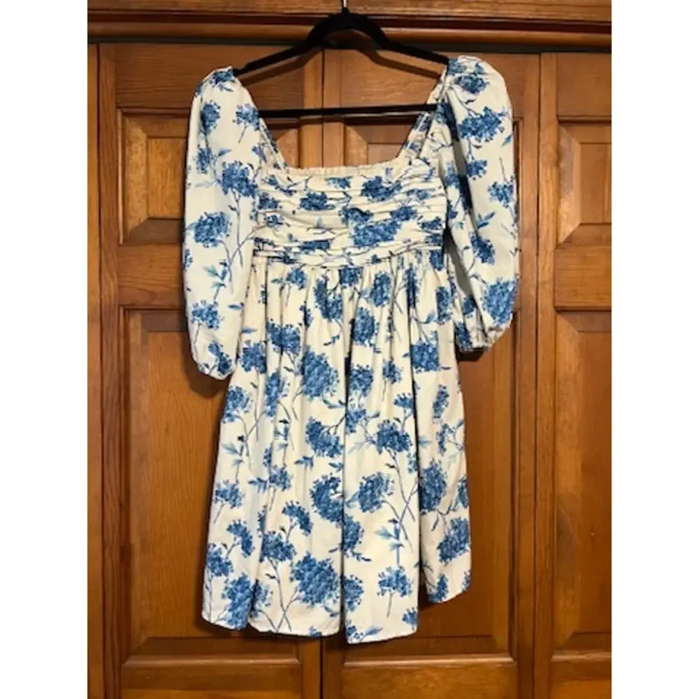 Abercrombie & Fitch Emerson Poplin Puff Sleeve Mini Dress Blue Floral Size MT - Picture 2 of 12